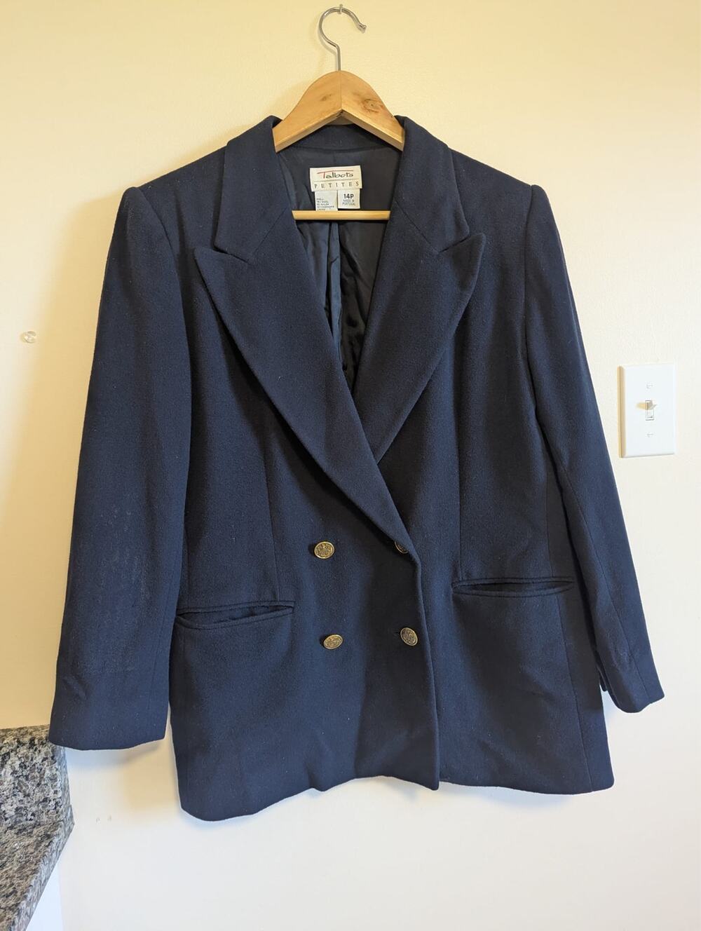Talbots Navy Double Breasted Cashmere Wool Blazer Gold Buttons 14 Petite